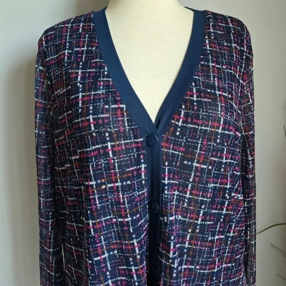 Chico's Navy Tweed Print Mesh Cardigan Button Front Topper SZ XL Preppy Academia - Picture 5 of 10